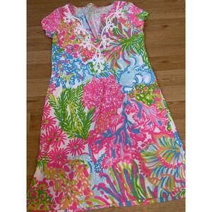 Lilly Pulitzer Pink Green Coral Floral Lace V-Neck Jersey Shift Dress Womens S